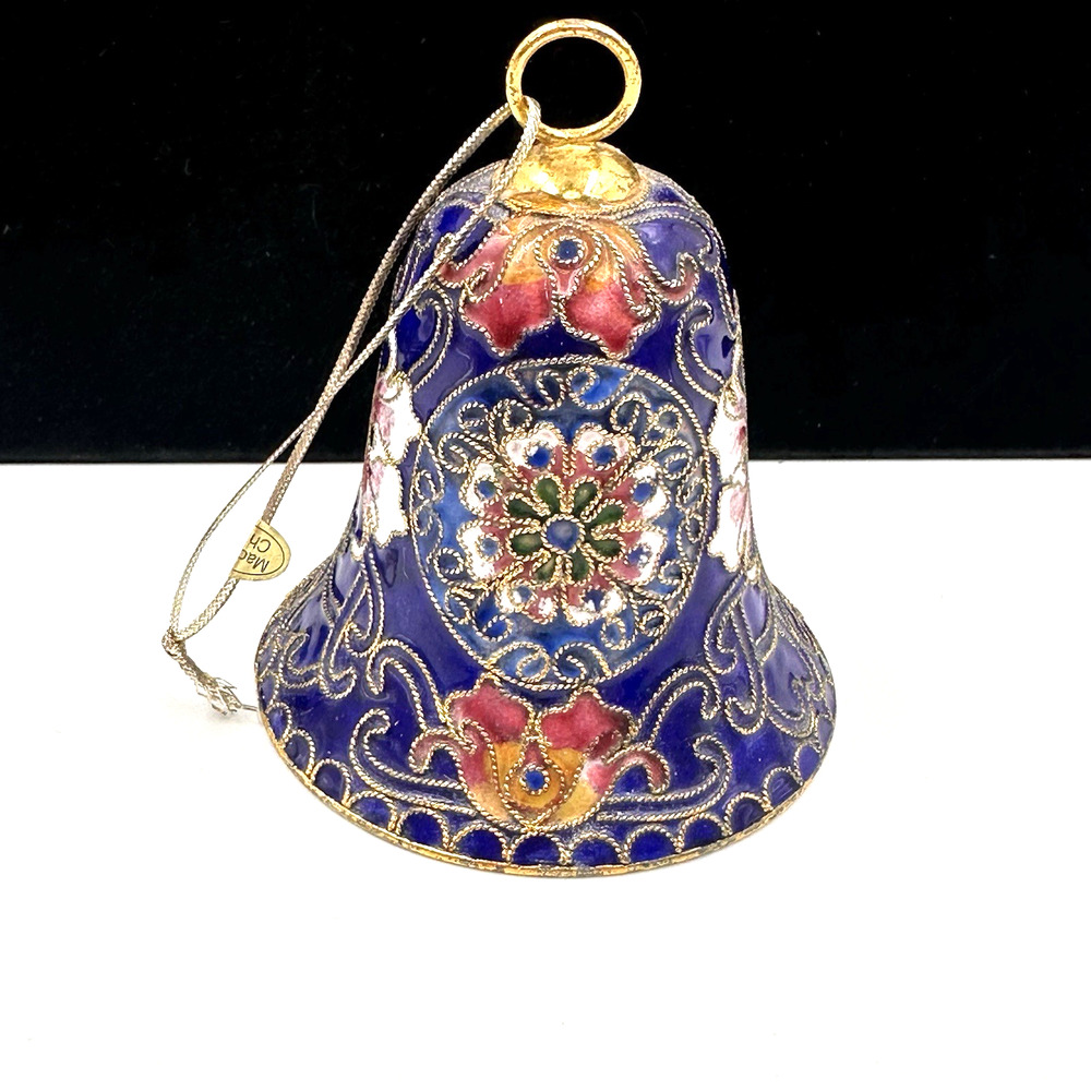 Vintage Cloisonne Bell Ornament Floral Design Blue and Gold Enamel Flowers 3"